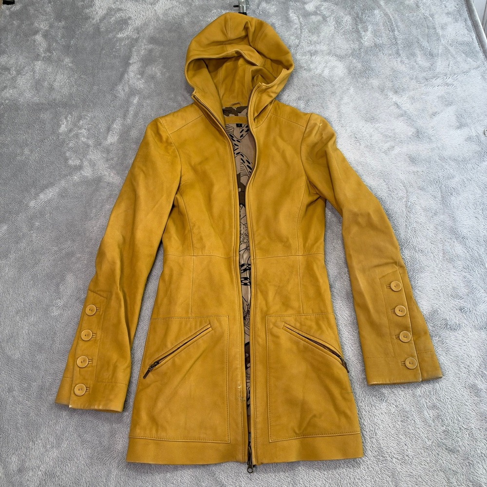 Hooded Leather Trench Car Coat Mustard Yellow Button 2 Western Steampunk Duster